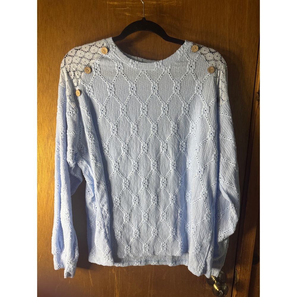 Light Blue Lace Shoulder Button Detail Diamond Knit Sweater XXL